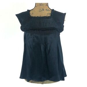 Jenny Han Top MED Black 100% Silk Satin Ruffle Pleat Square Neck A Line Blouse